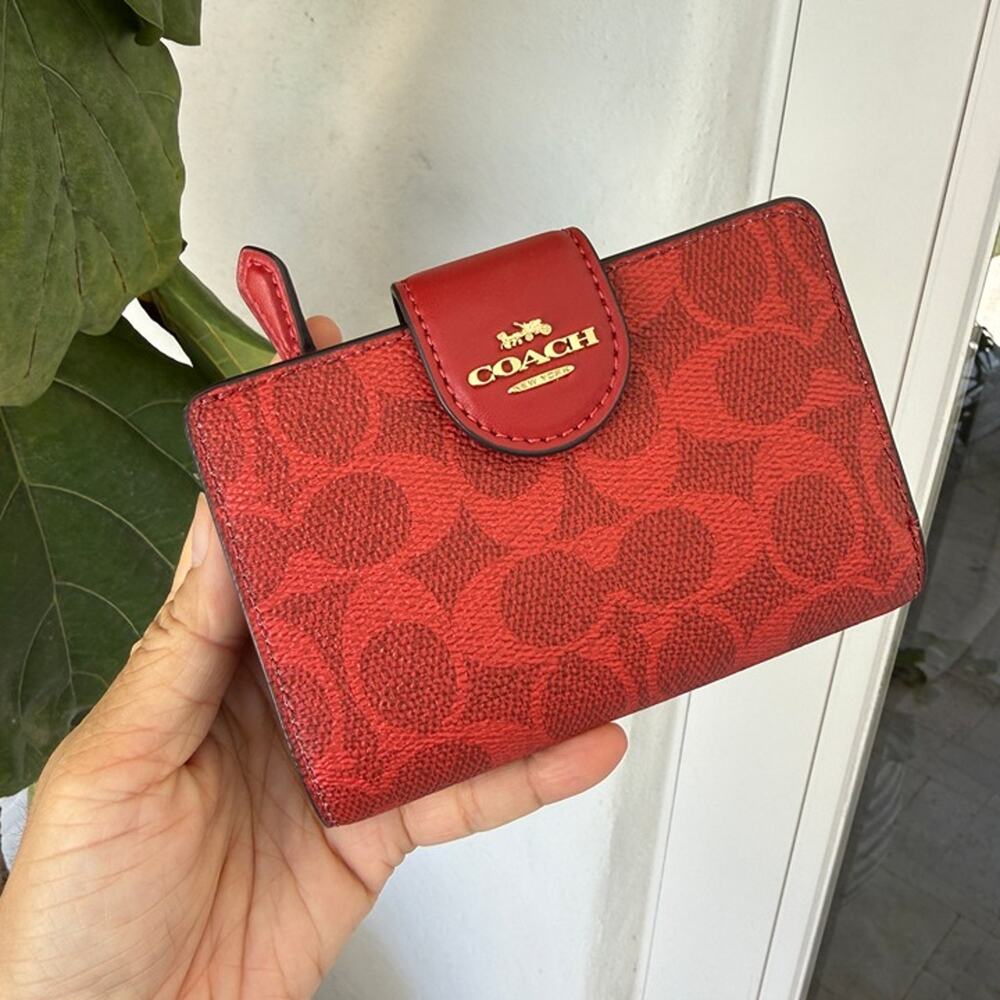 Coach Medium Corner Zip Wallet In Signature Canvas CW786 Gold/Crimson